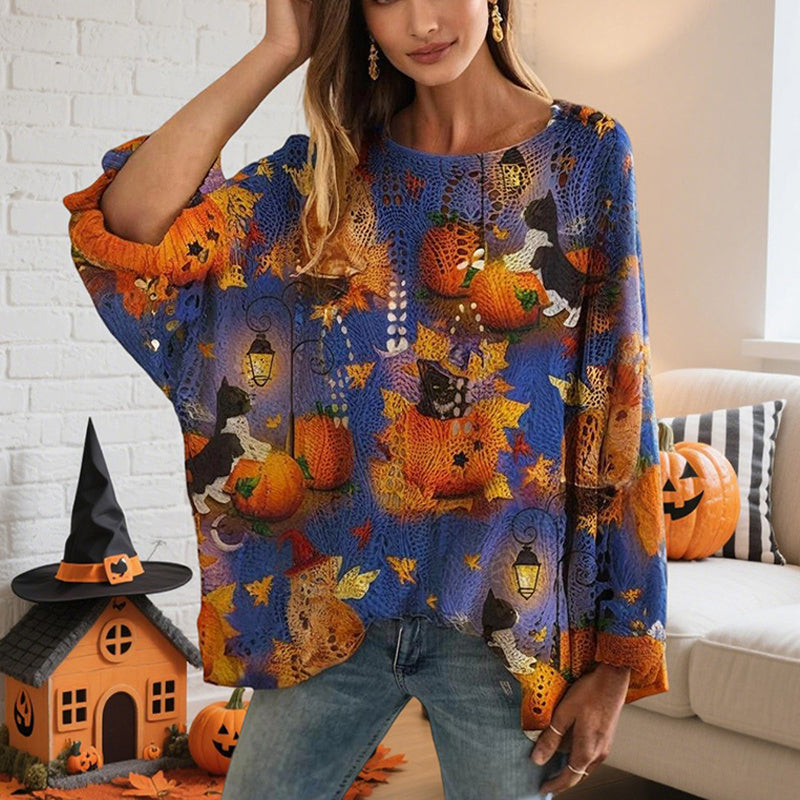 Women's Diamond Hollow Out Batwing Sleeve Top - Loose Fit Pumpkin Halloween Print Blouse For Spring Summer CJ US