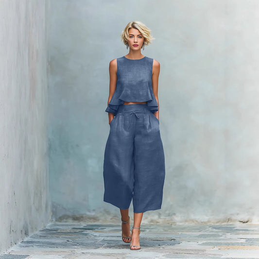 Womens Linen-blend Two-piece Set With Ruffled Detailing