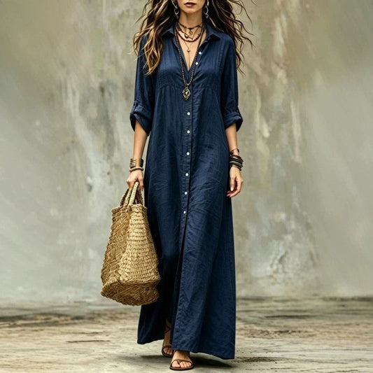 Shirt-collar Floor-length Casual Simple Long Dress