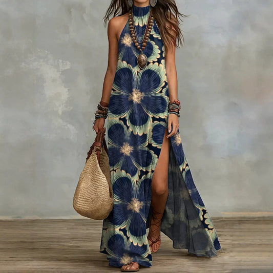 Split Sleeveless Multicolored Printed Maxi Dress