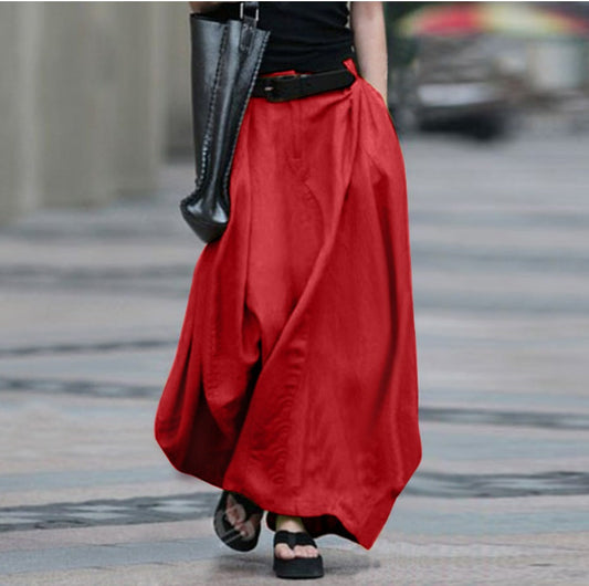 Womens Solid-color High-waisted Long Skirt