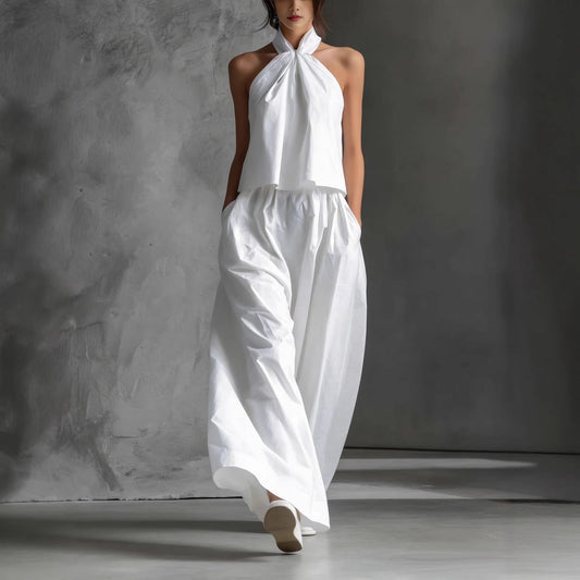 Loose Sleeveless Top High-Waisted Wide-Leg Pants Two-Piece Set for Women