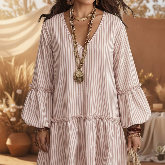 Style Autumn New Women's Long Sleeve Dress Stripe Print V-Neck Lantern Sleeve Loose Mini Dress