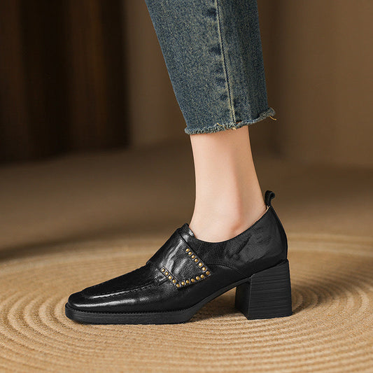 New Springautumn Square-toe Chunky-heel Deep-vamp Pumps In British Style