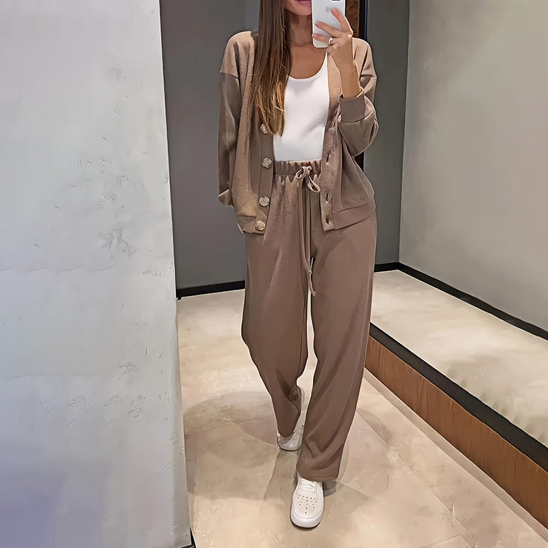 Women's Casual Knit Cardigan With Pocket & Drawstring Lounge Pants Solid Color Button Front Coat Fall Winter Loose Fit 2-Piece Outfit CJ US