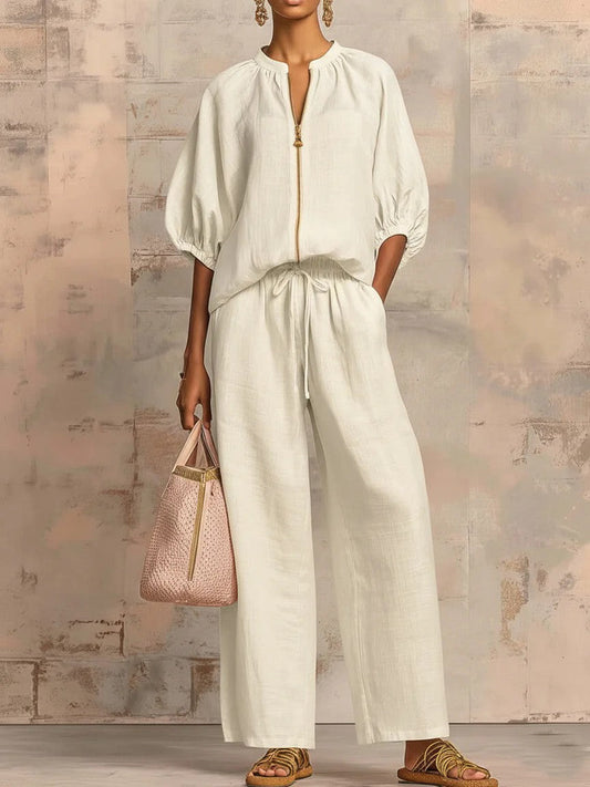 Summer Women's Casual Loose Solid Color Zipper Round Neck Wide Leg Pants Set