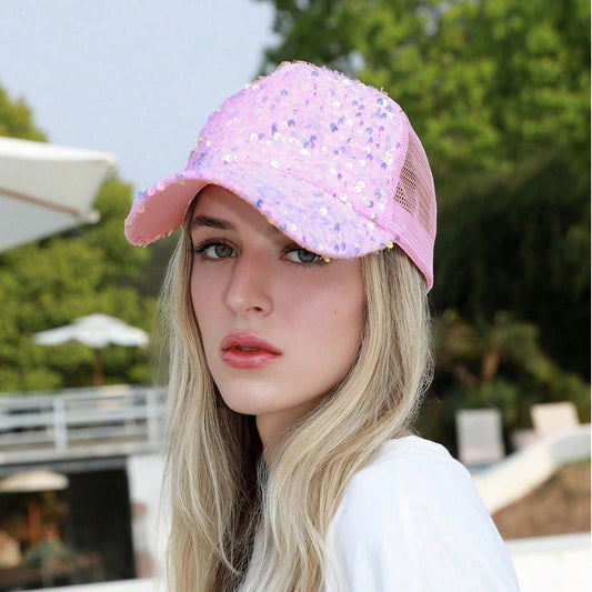 Colorful Sequin-embroidered Mesh Fabric Breathable Beanie With Sunshade Trendy Fashion Style Baseball Cap For Daily Outings, Parties, Outdoor Activities