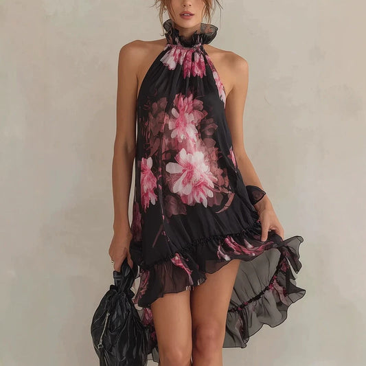 Summer New Women's Chiffon Printed Off-Shoulder Sexy Dress