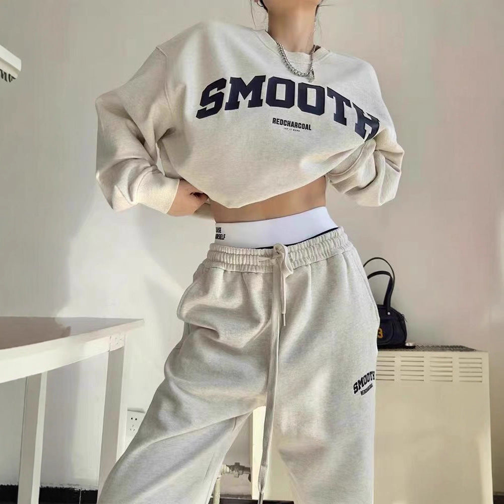 Gray Hoodie And Pants Fashion Running Two-piece Set Trendy