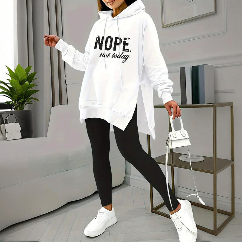 Women's Casual 2-Piece Set Solid Color Leggings & Letter Print Pocket Drawstring Hooded Sweatshirt With Split Hem Spring Fall Fashion Outfit CJ US