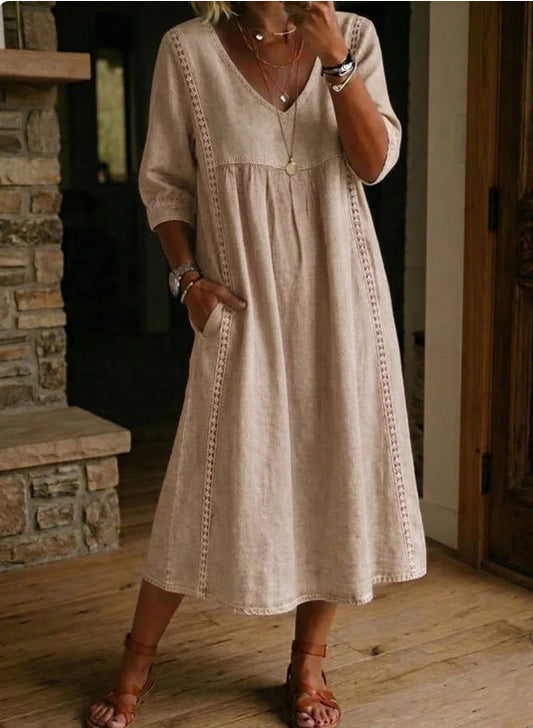 Casual Loose V-Neck Lace Trim Linen Cotton Dress
