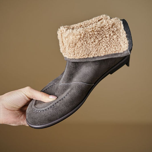 Womens Fleece-Lined Thick Simple Stylish Round-Toe Low-Heel Ankle Boots For FallWinter
