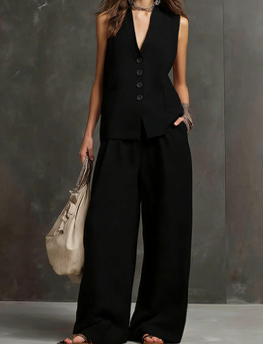 Women's Linen 2-Piece Outfit, Sleeveless Vest & Wide Leg Pants Set