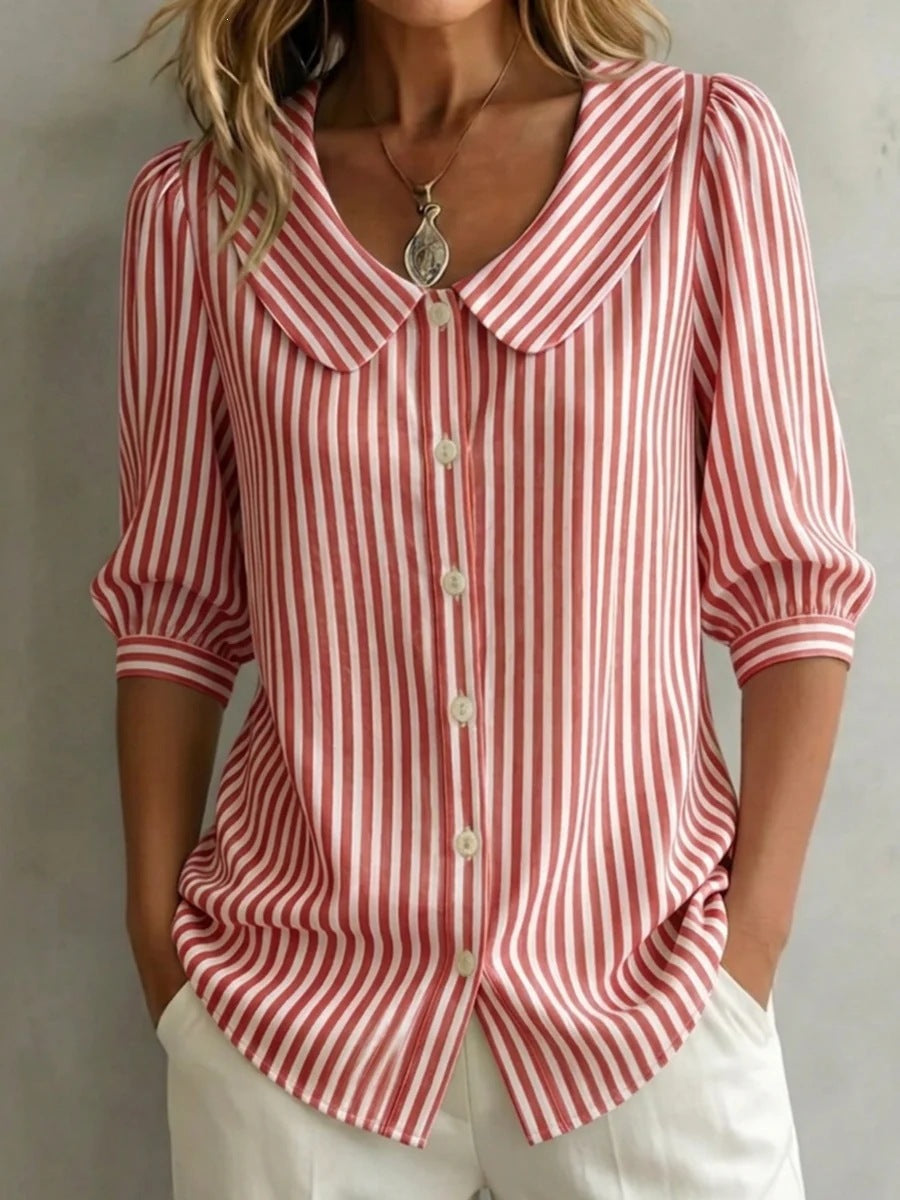 Mid-sleeve Striped V-neck Shirt Top T-shirt Womens Clothing