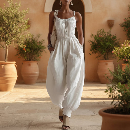 Womens Sleeveless Cotton-Linen Blend Jumpsuit