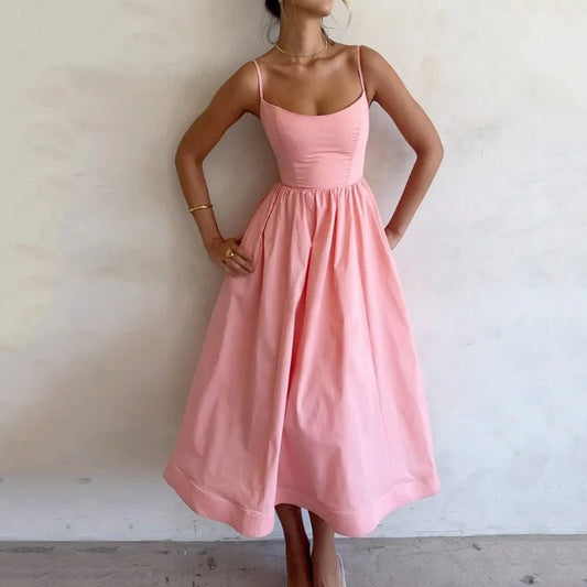 🌸 Women's Solid Color Printing Fresh Sweet Suspender Dress FitiqueFit