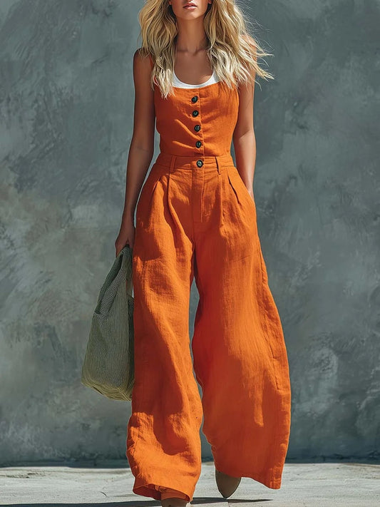 2026 European And American Cross-border Foreign Trade New Style Retro Button Front Opening High Waist Wide Leg Jumpsuit