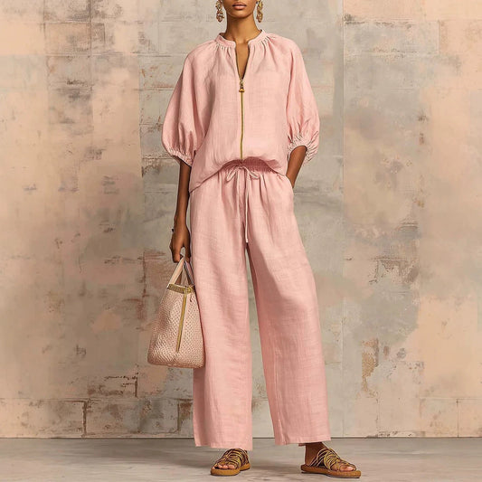 Summer Women's Casual Loose Solid Color Zipper Round Neck Wide Leg Pants Set