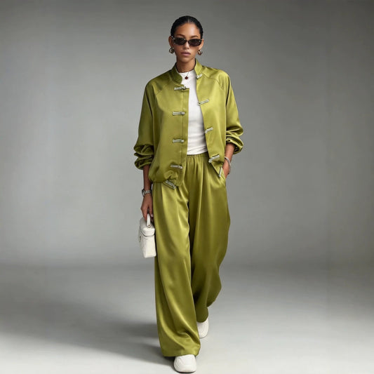 Satin set with hanging wide leg pants and drawstring two-piece set