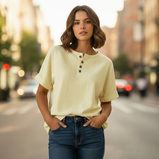 Casual Solid Color V-Neck Buttoned Striped Cotton-Linen T-Shirt