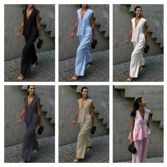 Womens Cotton V-Neck Sleeveless Vest And Wide-Leg Pants Set
