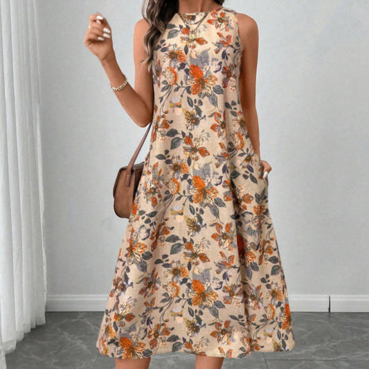 Womens Printed All-Match Sleeveless Pocketed Dress