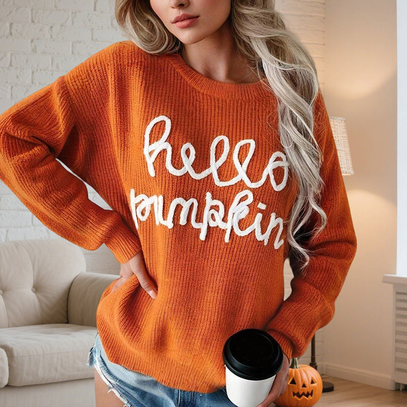 Women's Casual Round Neck Long Sleeve Letter Graphic Sweater Fall Winter Warm Comfortable Pullover Tops CJ US