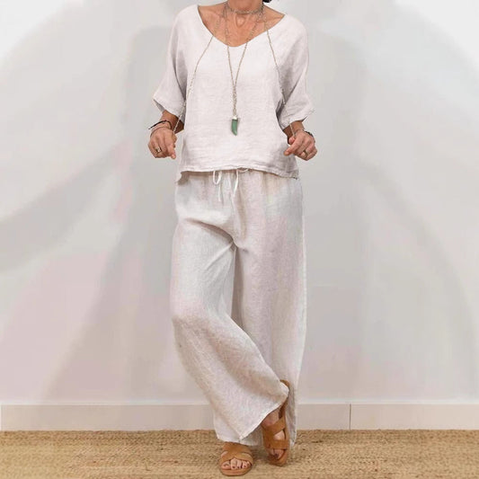 Womens Multi-Color Two-Piece Set Casual V-Neck Pullover With Three-Quarter Sleeves And Extended Pants