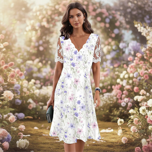 Lace Short-sleeve Floral Dress Women's Clothing