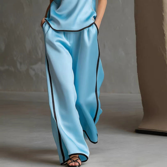 Sleeveless V-Neck Black Trim Contrast Color Simple Womens Top And Wide-Leg Pants Set