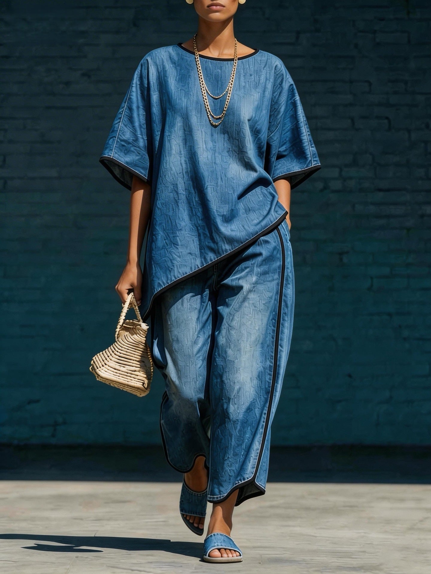 Elegant Casual Denim-Style Loose Wide-Leg Pants Two-Piece Set