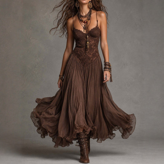 Chiffon Printed Strap Fitted Long Dress, Vintage Flowy Maxi Dress