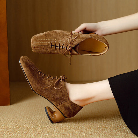 Womens New Retro Sheepskin Chunky-Heel Pumps With A Square Toe