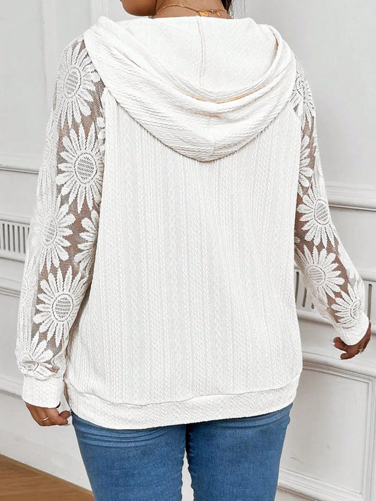 European And American-style Round-neck Hollow-out Pullover With Lace Paneling And Long Sleeves