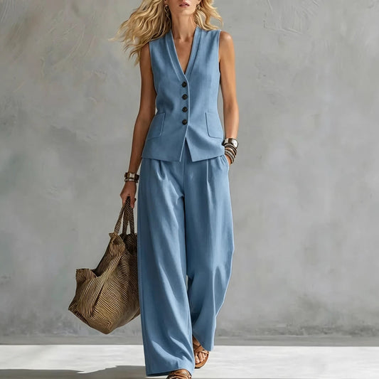Womens Solid-Colored Sleeveless Casual Linen Tank Top And Pants Set