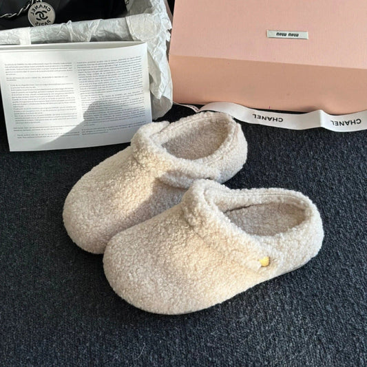 Closed Toe Half Slippers For Women Fleece-lined Thickened Two-way Wear Fluffy Shoes