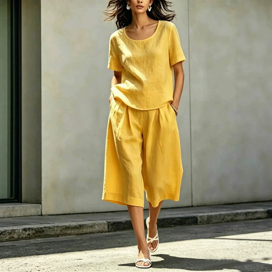 Cotton-linen Casual Loose-fitting Short-sleeve Top And Shorts Set