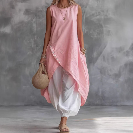 Solid Color Sleeveless Loose Pocketed Mid-Length Dress Set