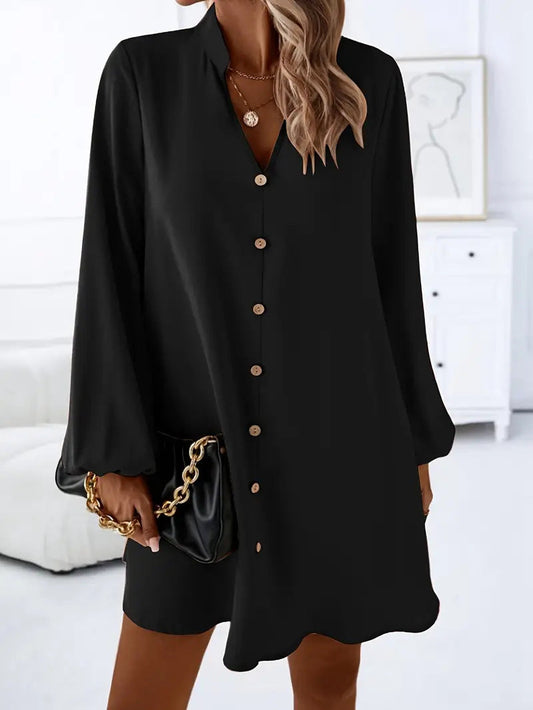 Women Solid Color V-Neck Long Sleeve Single Breasted A-Line Dress