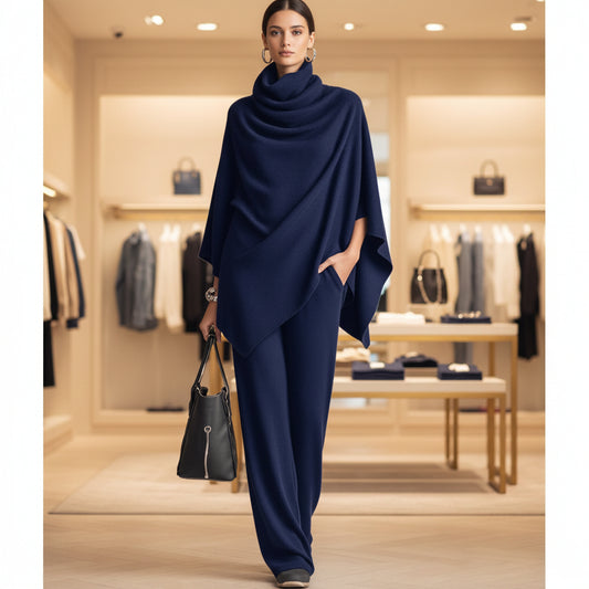 Autumn and Winter German Velvet Pile Collar Cloak Top+Wide Leg Pants Two Piece Set