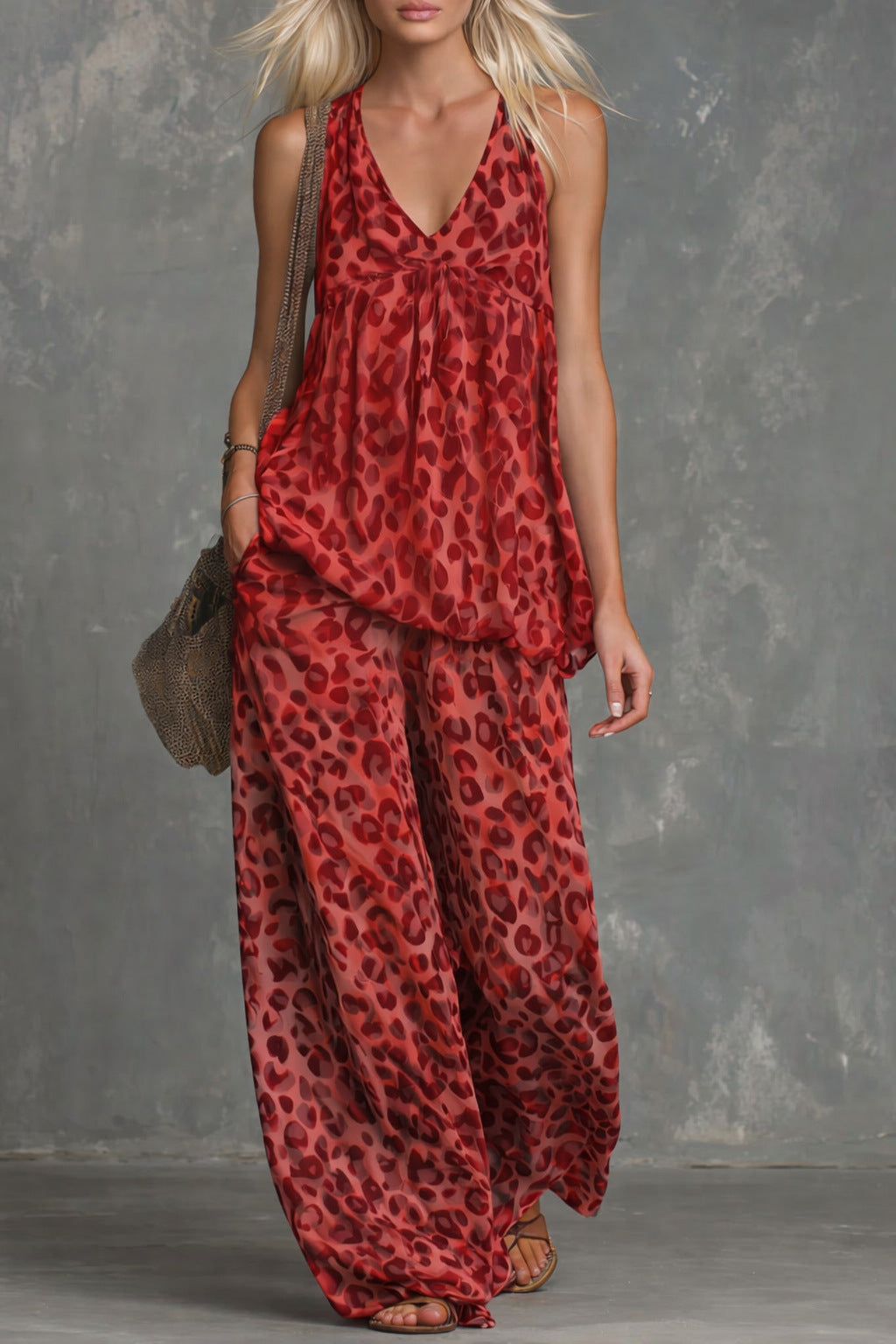 Womens Loose-Fitting Leopard-Print Sleeveless Top And Chiffon Pants Set