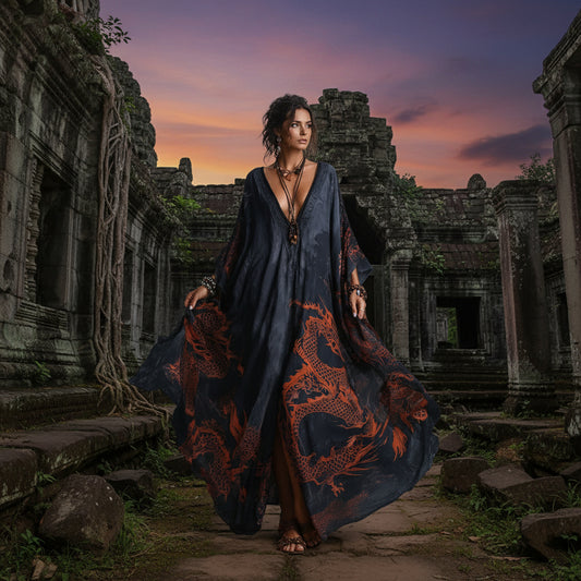 Dragon print beach vacation long dress outerwear