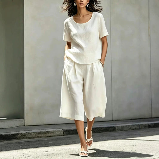 Cotton-linen Casual Loose-fitting Short-sleeve Top And Shorts Set