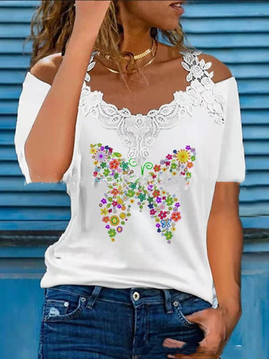 🦋 Vibrant Butterfly Lace Off-Shoulder V-Neck Tee