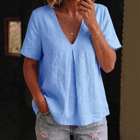 Women's Solid-Color Pleated Cotton-Linen Short-Sleeve Shirt T-Shirt