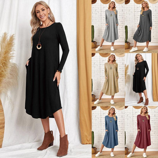 Womens Solid-Color Casual Long-Sleeve Dress