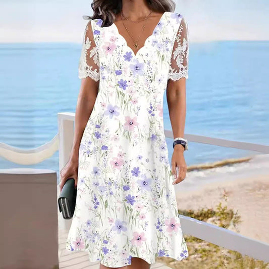 Lace Short-sleeve Floral Dress Women's Clothing