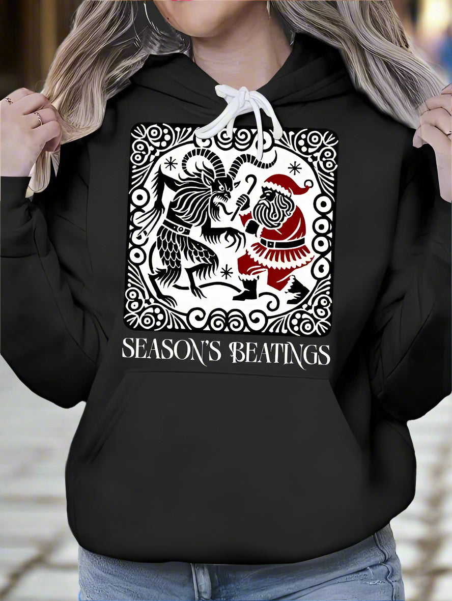 Women'S Casual Hoodie With Krampus Vs Santa Graphic Print - Cozy Pullover With Hood For Fall Winter Season, Soft Long Sleeve Holiday Hoodie CJ US