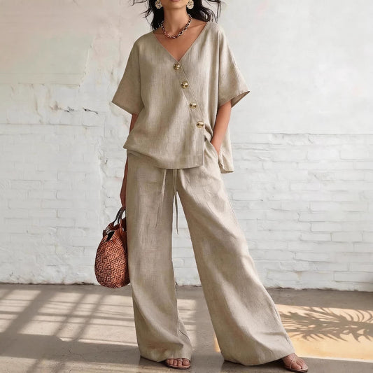 Casual Vacation Loose Cotton-Linen V-Neck Wide-Leg Pants Two-Piece Set