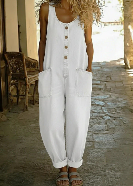 Women's Buckle Jumpsuit Casual Retro Multi-Pocket Overalls Pants